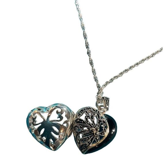 Marcasite Sterling Heart Locket Necklace - Picture 11 of 15